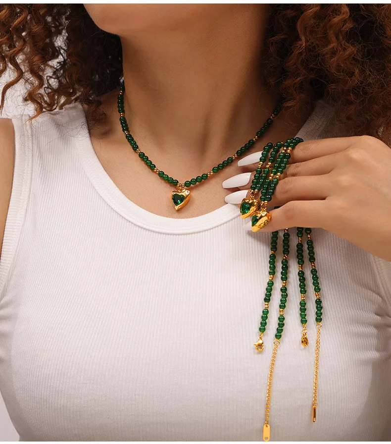 Natürliche Grüne Achat-Perlenkette Halskette für Damen Luxuriöser Zirkon-Herzanhänger Vintage-Halskette Accessoires Edelstahl-Schmuck – Detail 4