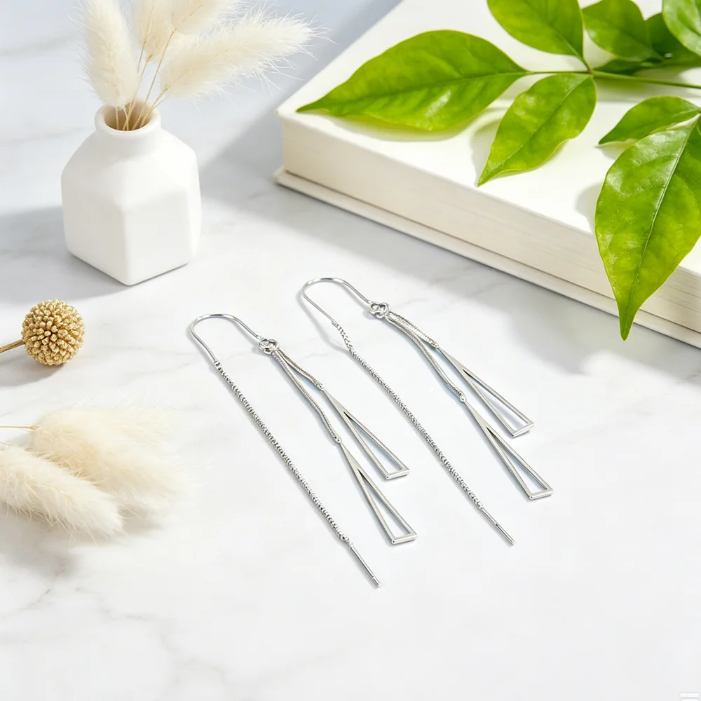 Genuine 925 Sterling Silver Jewelry Luxury Triangle Long Tassel Drop Earrings Elegant Ear Line Earring For Women Girls