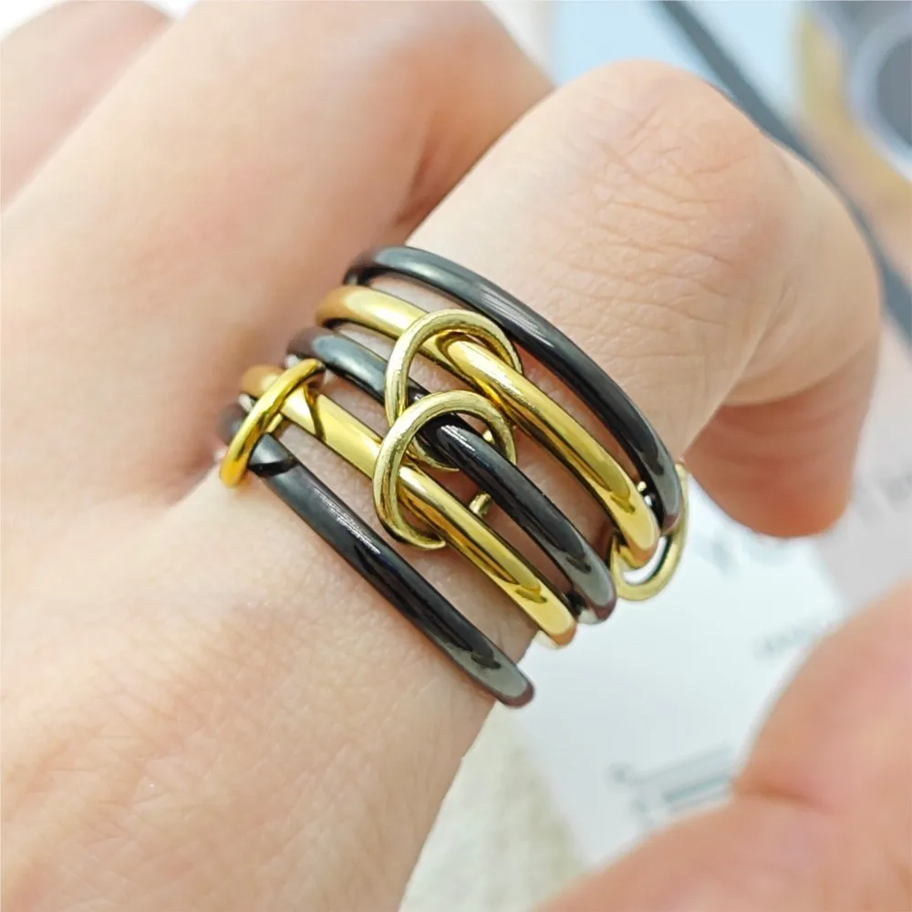 Trendy Black Gold Double Color Designer Rings Stack Set Stainless Steel Spinelli Ring For Women Finger Jewelry Gifts Chic Style