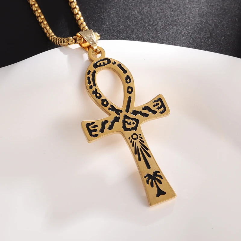 Ancient Egyptian Symbol of Life Ankh Cross Necklace Engraved Hieroglyphs Totem for Men Women Vintage Religious Jewelry