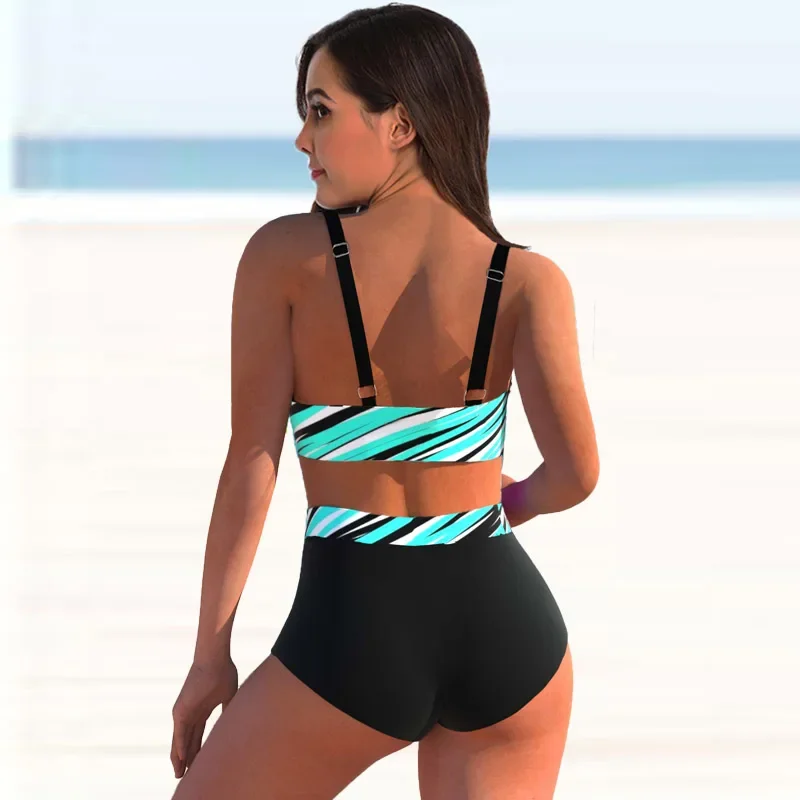 Striped Print High Waist Bikini Set Halter Cross Wrap V Neck Crop Top Color Block Waistband Brief BottomTwo Piece Beach Swimwear