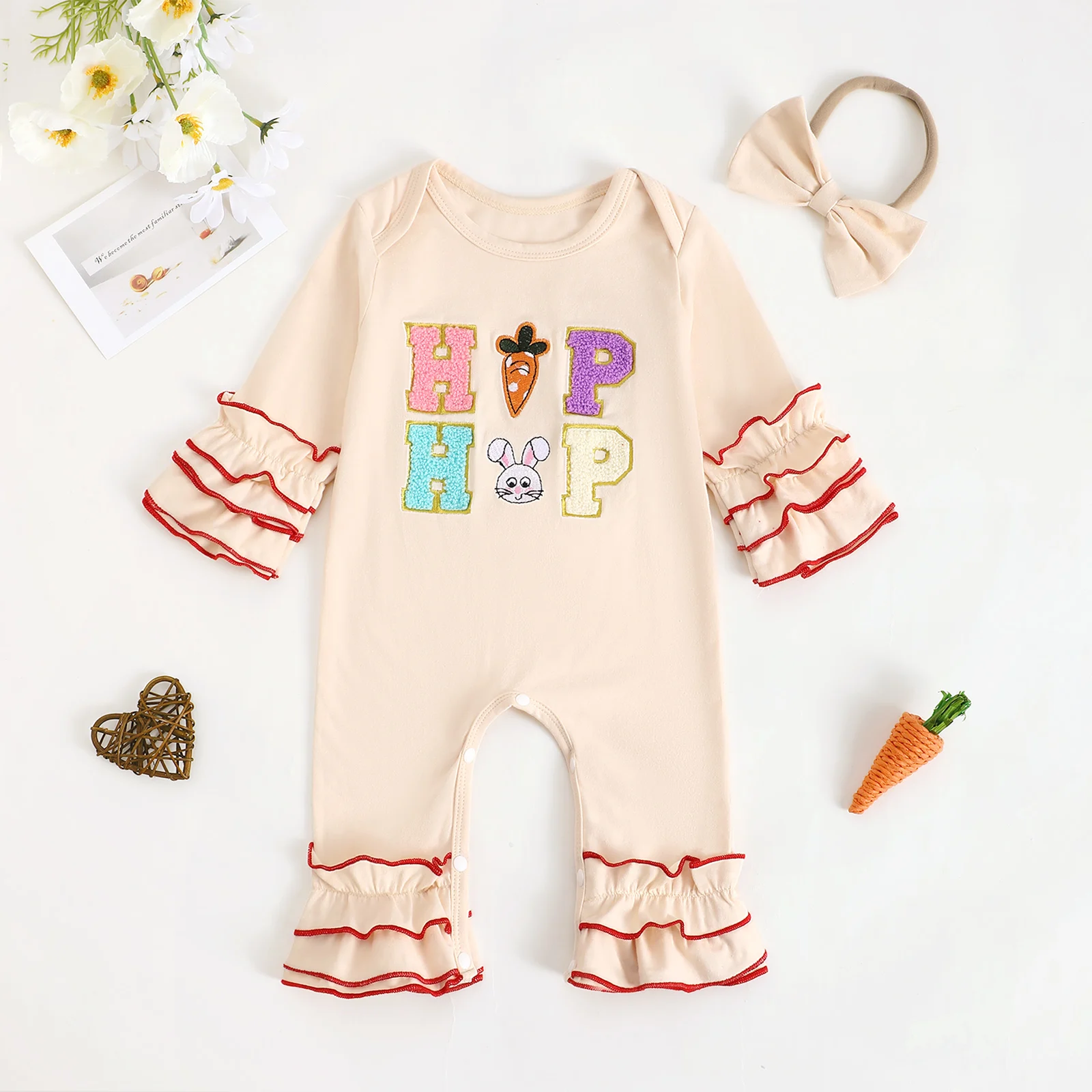 Easter Rabbit Pattern Long Sleeve Baby Girl Romper with Butterfly Headband for Infants And Toddlers