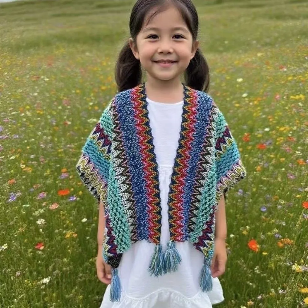 

Fashion Winter Warm Kids' Mongolian Poncho Striped Ethnic Style Cardigan Tassel Shawl Artificial Wool Coat Overlays For Children