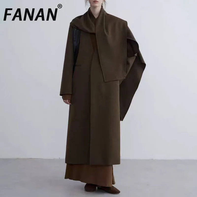 

FANAN Elegant Scarf Collar Trench Women's Solid Single Breasted Loose Long Windbreaker Temperament Coats 2025 Spring New