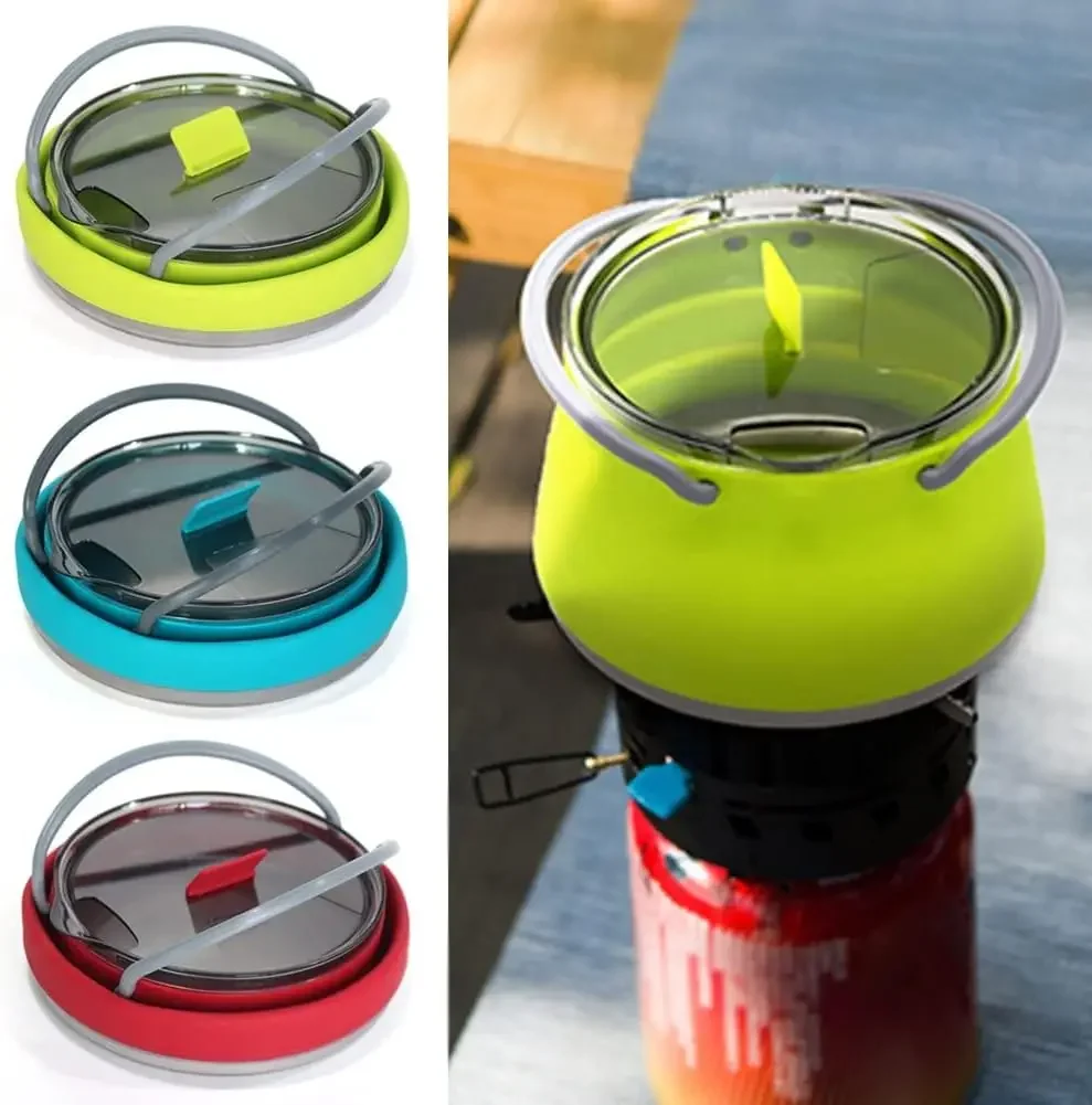 Outdoor Red and Green Travel Portable Heating Tea Coffee Rice Cooker Lightweight Silicone Folding Kettle with Handle
