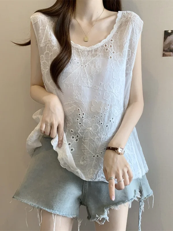 Lace Hollow out Strap Vest Women's Outerwear Summer plus Size Loose Pure Desire Semi-Transparent Top Layering Cover up