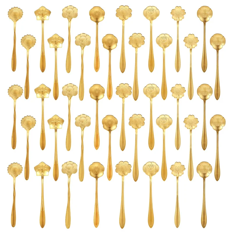 

B97A-40Pcs Gold Coffee Spoons Stainless Steel Flower Dessert Spoons 5 Inches Demitasse Spoons For Tableware Kitchen,Cafe,Bar