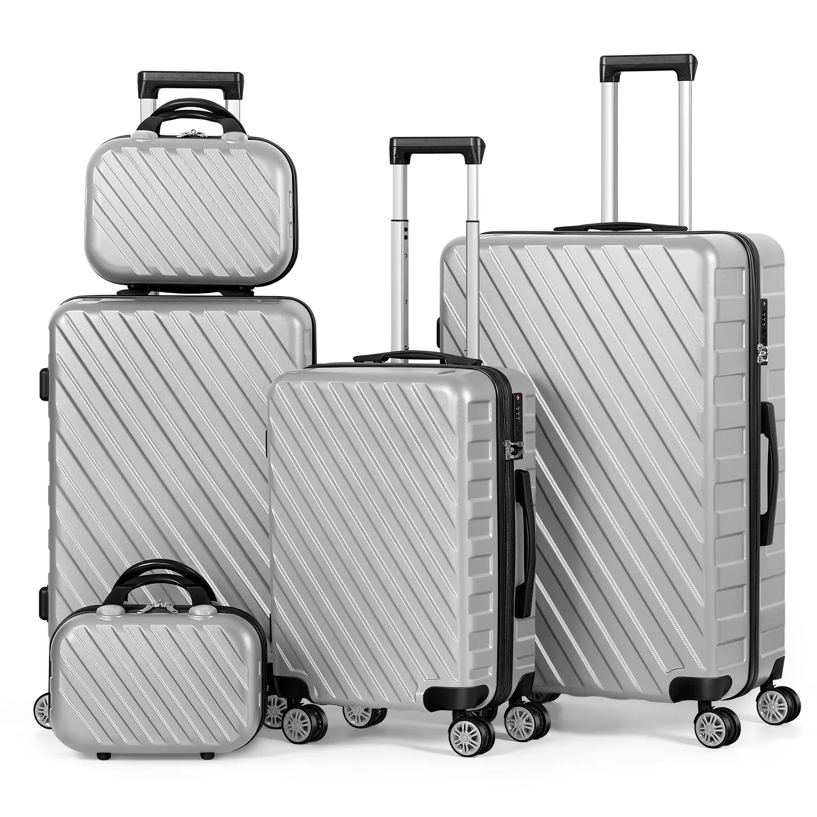 5PCS Luggage Set Silver Suitcase Set with Silent Spinner Wheel ABS luggage TSA Lock Family Travel Suitcase