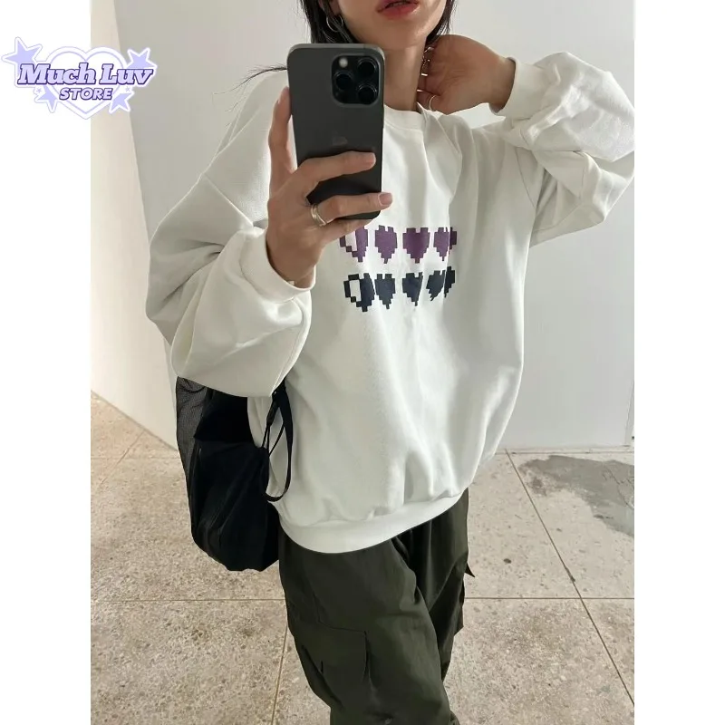 

Pixel Style Heart-shaped Printed Thick Round Neck Sweatshirt Women Autumn and Winter Fashion Trend Casual Comfy Couple Top Coat