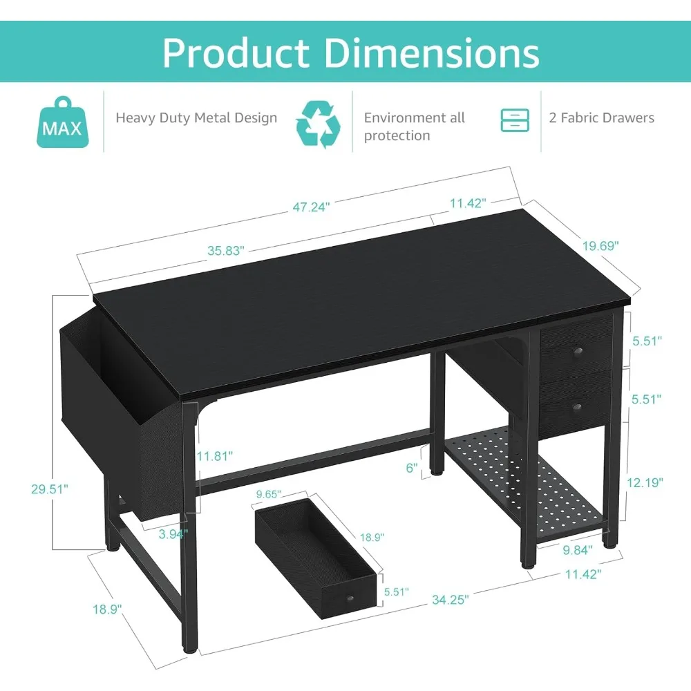 مكتب كمبيوتر حديث للكتابة البسيط مقاس 47 بوصة مع أدراج قماش للاستخدام في المكاتب المنزلية