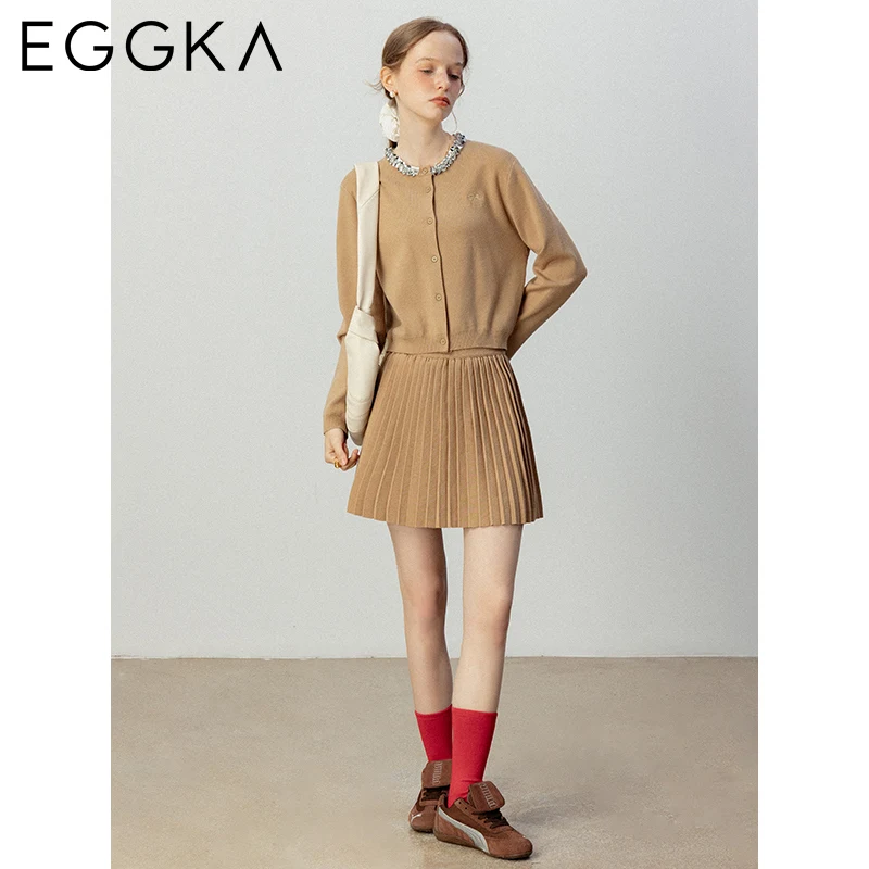 EGGKA Autumn Knitted Two Piece Set Women Embroidery Design Knit Cardigan + Elegant Pleated Skirt Korean Fashion Knit Suits 2024