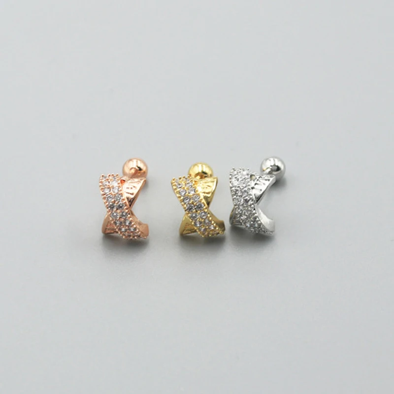 1 pcs Cute Copper Zircon X Shape Stud Earring Women Gold Color Steel Helix Bar Ear Cartilage Piercing Cuff Wholesale