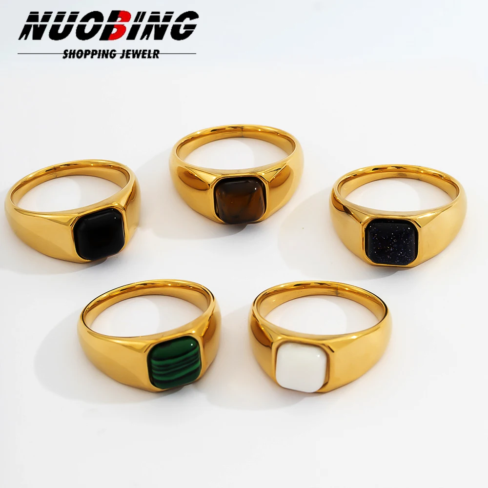 Square Vintage Men's Women Trend High Quality Chunky 316LStainless Steel Multiple Colors Crystal Gemstone Onyx Jewelry Gift