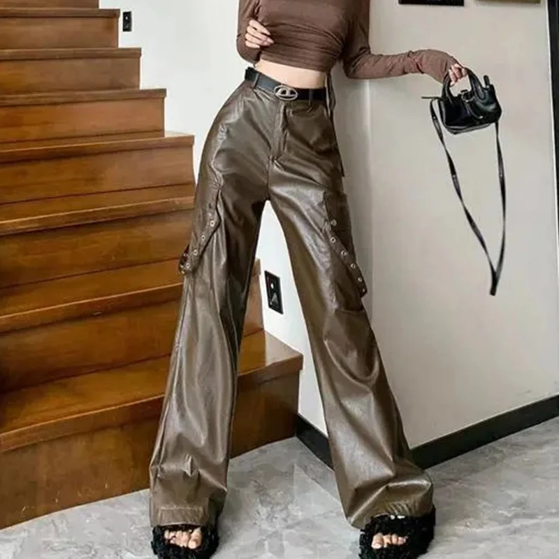 

Уличная одежда, лоскутные брюки-карго, женские брюки из искусственной кожи с высокой талией, повседневные однотонные широкие брюки, винтажные корейские брюки с поясом, новые