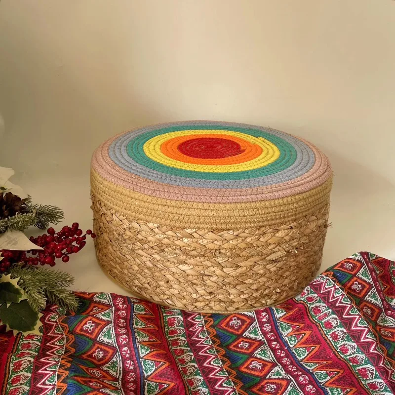 Creative Rainbow Cotton Rope Low Stool Straw Tatami Cushion Thickened Foam Tea Room Cushion Living Room Coffee Table Stool