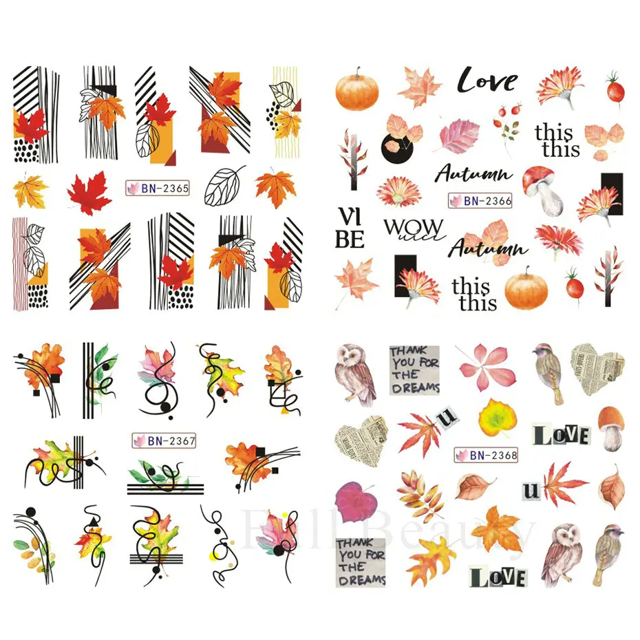 12patterns Autumn Thanksgiving Nail Transfer Sticker Maple Leaf Flower Water Decals Squirrel Fox Nail Art Slider Decal Decor