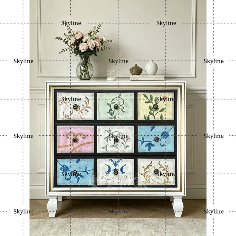 for American Country Style Six Drawer Solid Wood Cabinet Painted Decorative Storage Locker Living Room Wall Mounted Furniture
