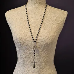 Ankh-Collier chapelet pentagramme pour femme, Wicca, Pprédéterminée, perles noires, bijoux à breloques simples, cadeau à la mode