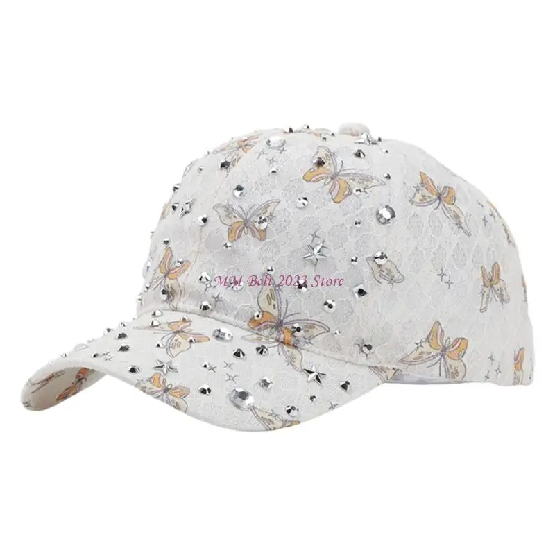 49ME Mesh Texture Baseball Cap with Butterfly Print Adjustable Closure Decorative Sun Hat for Casual Wear and Travel Days