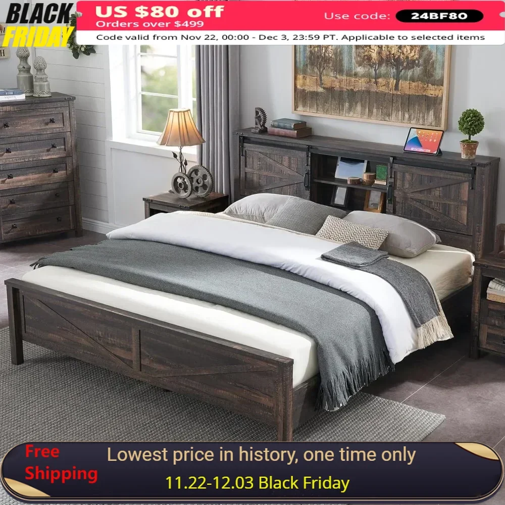 

Queen Bed Frame with Bookcase Headboard Sliding Barn Door Charging Station, Wood Slats Support, No Box Spring Needed，Bed Frame