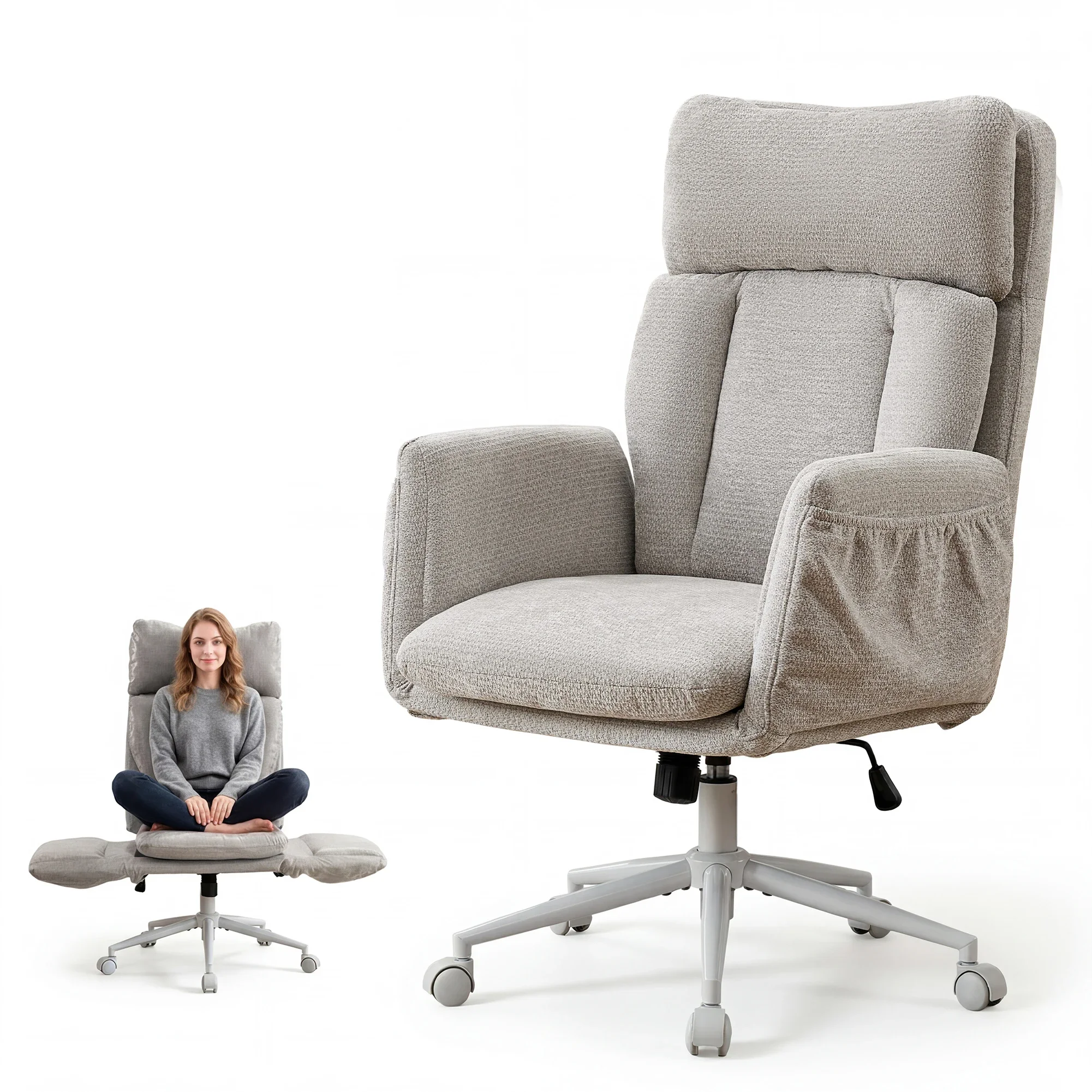 TCGBKAF Grauer Bürostuhl mit gekreuzten Beinen und Rollen, großer und hoher Bürostuhl mit hochklappbaren Armlehnen, Chenille-Chefsessel mit verstellbarer Lendenwirbelstütze, ergonomischer