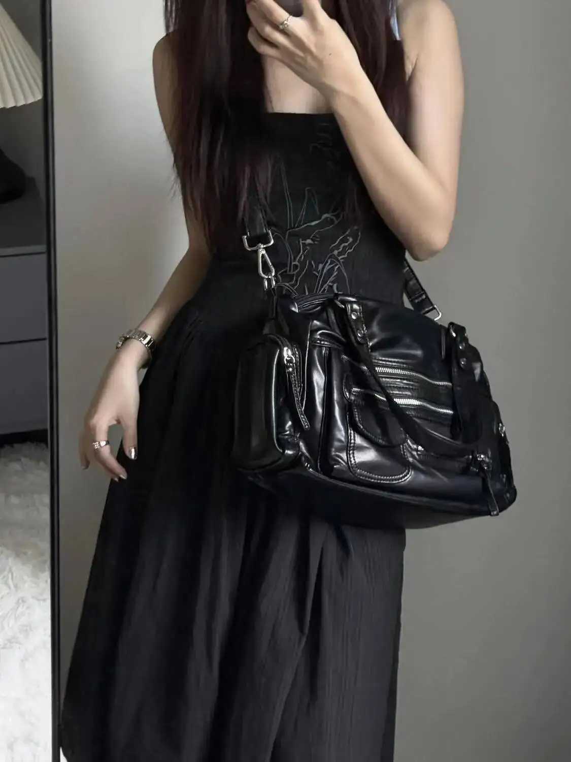 Bloom Vintage Black Shoulder Purse Women High Street Pocket Chic Y2k Handbag Female Haruku Casual Crossbody Bags 2025