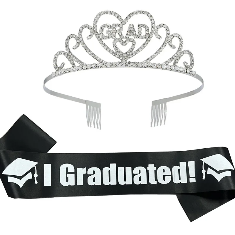 Graduation Party Crown Straps Set of 2 Hair Hoop Alloy Rhinestone Letter Headband Ceremonial Belt Diadem Girls Accessories Bands