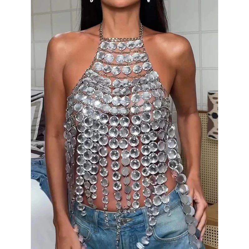 Combhasaki Summer Bikini Cover-ups for Women Metal Chain Halter Neck Rhinestones Body Chain Y2k Backless Tassel Hem Hollow Vest