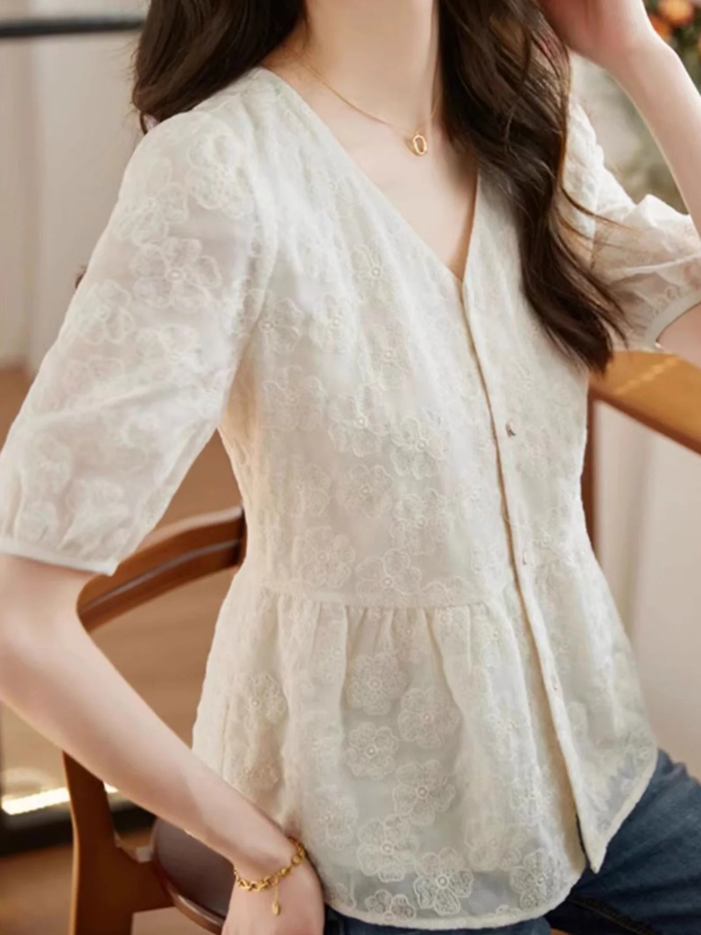 

Ele Summer Lace-Up Bubble Sve Camere Cardigan Women's Faion Korean Sle Straight Cut ort Sve V-Ne Top