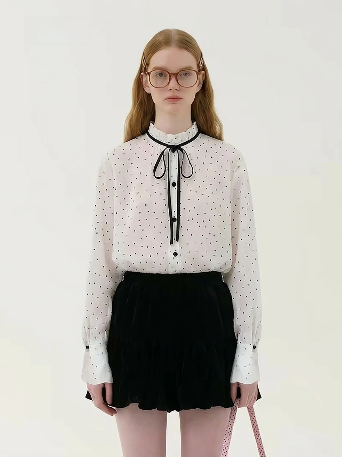 

AHMI Anti-Aging Commute Polka Dot Lace Collar Tie Long Sve Casual Women's irt Spring New Sle Versatile Top