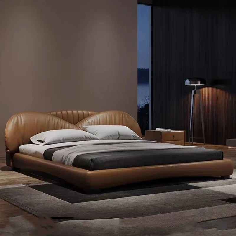 

Italian simple bed, light luxury, Nordic modern top-layer cowhide double bed, master bedroom, upholstered wedding bed