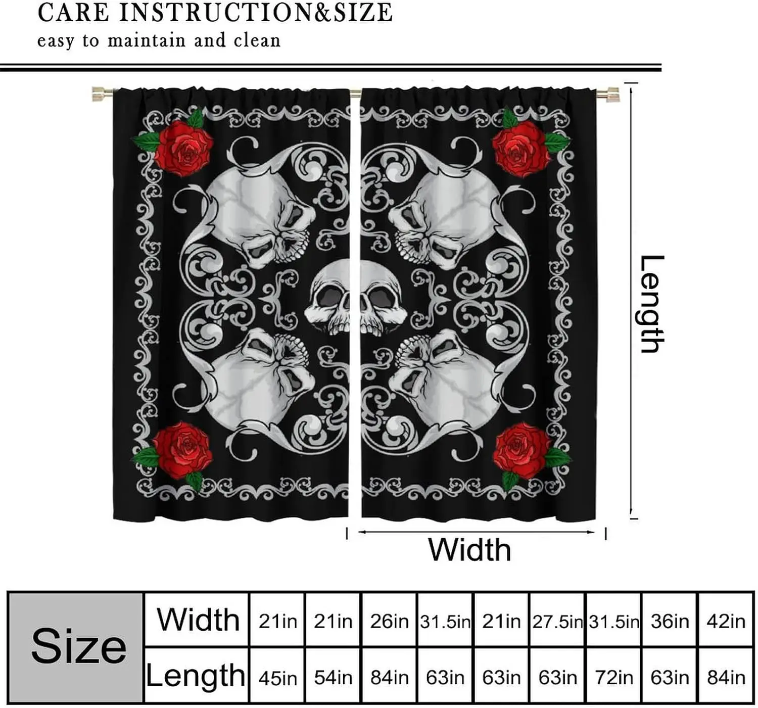 Gothic Skull Rose Pattern Curtain Pair Black Background Alternative Aesthetic Halloween Decor Window Treatment Home Accent Drape
