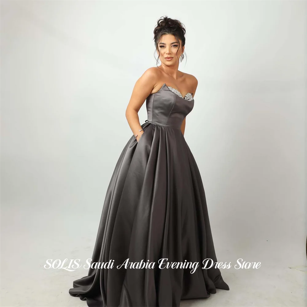 SOLIS Deep Grey 프롬 드레 Strapless Sleeveless Prom Gown A Line Satin Party Dress for Formal Event Beading On Chest Customized
