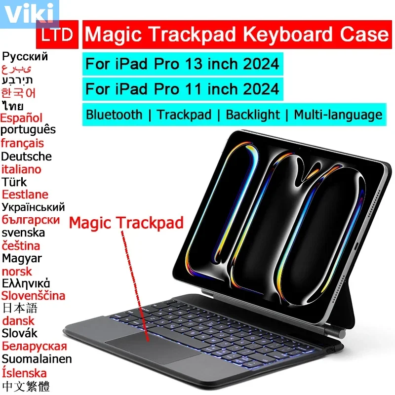 

Bluetooth Magic Keyboard Case For iPad Pro 11 13 inch 2024 M4 Tablet Case Russian Arabic Hebrew Spanish Portuguese Thai Keyboard