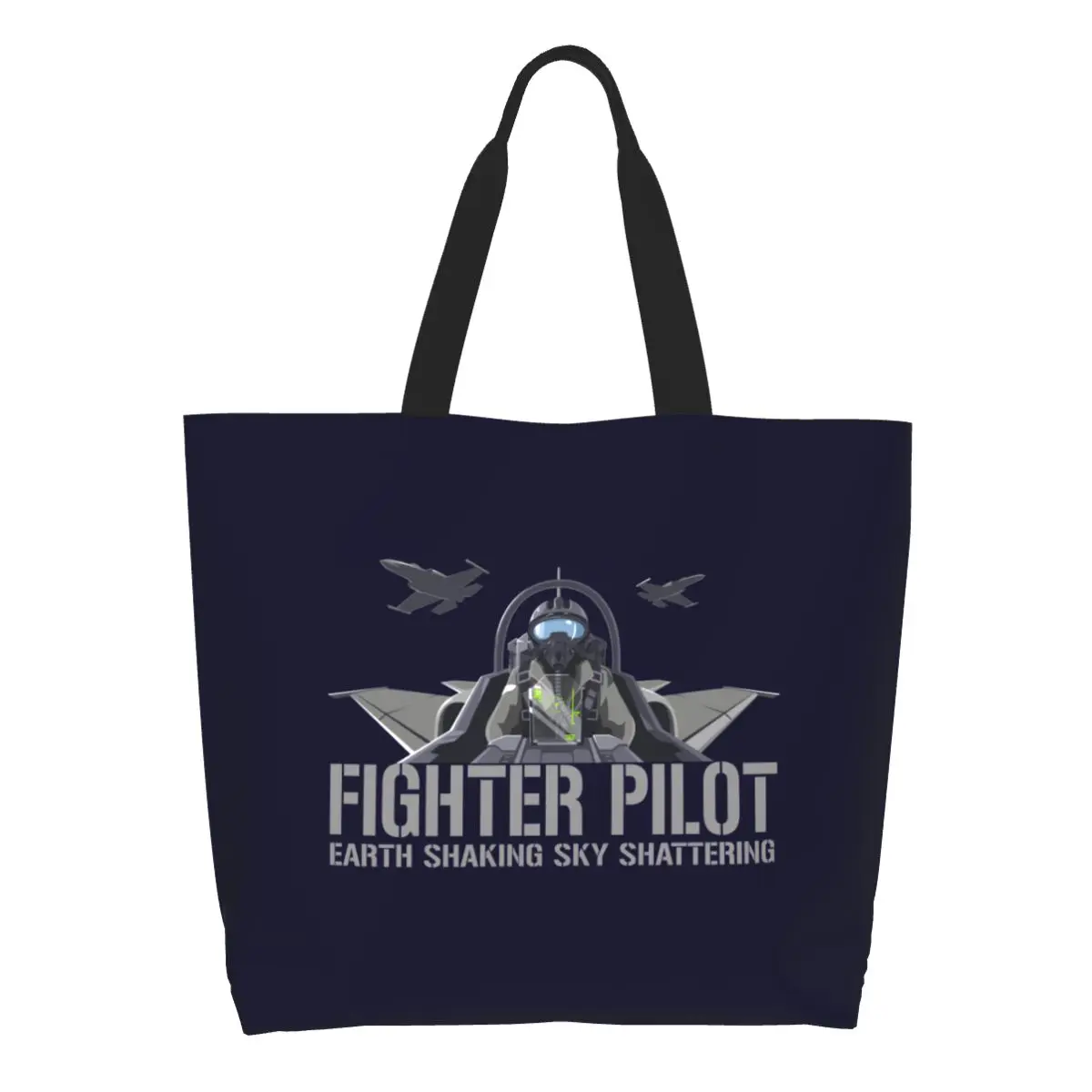 Reusable Fighter Pilot Cockpit Shopping Bag Canvas Shoulder Tote Bag Portable Aviation Airplane Jet Plane Groceries Shopper Bags