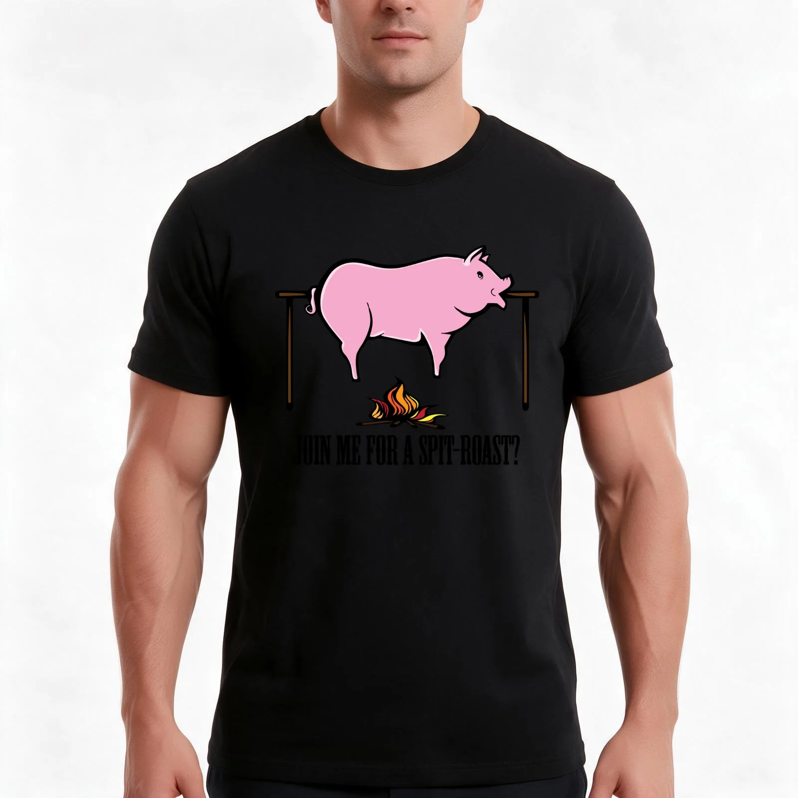 A Spit-roast T-Shirt, Summer Casual Cotton Tee, Oversized Streetwear Tops, Vintage Graphic Print, Loose Fit Short Sleeve