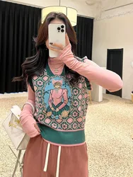 Women Knitted Vest Sweaters Classic Sleeveless /long Sleeve V/o-neck All-match Streetwear Casual Pullover Cat Embroidery Tops