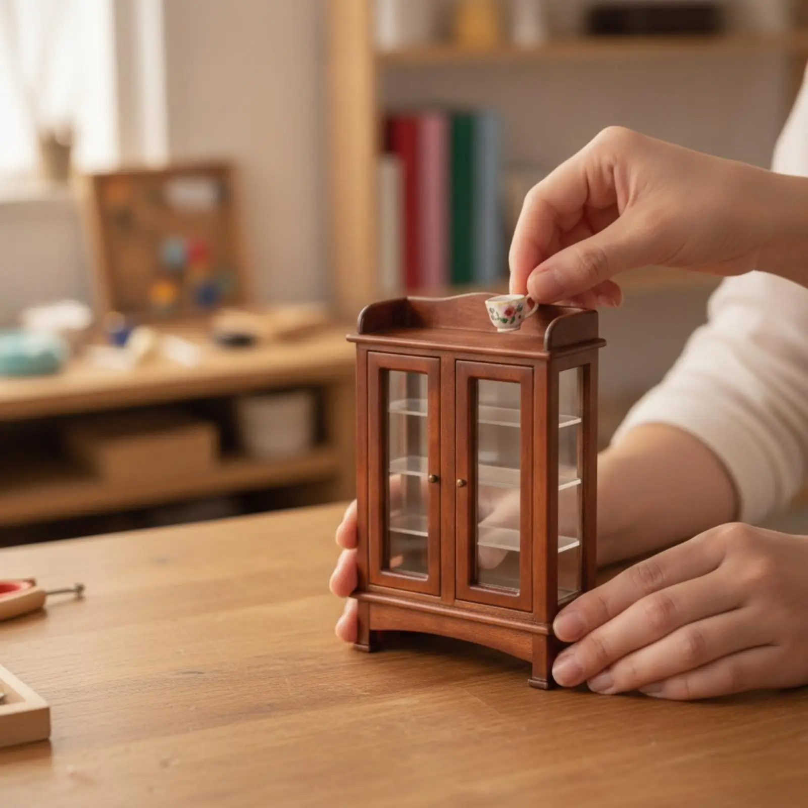 Handcrafted Miniature Showcase Cabinet for Dollhouse Collectibles with Two Doors and Wooden Frame