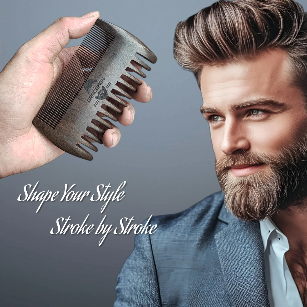 Gracemen Premium Beard Comb - Natural Black Wood Style - Double Sides Fine & Wide Teeth Hair Mustache Comb - With Leather Case