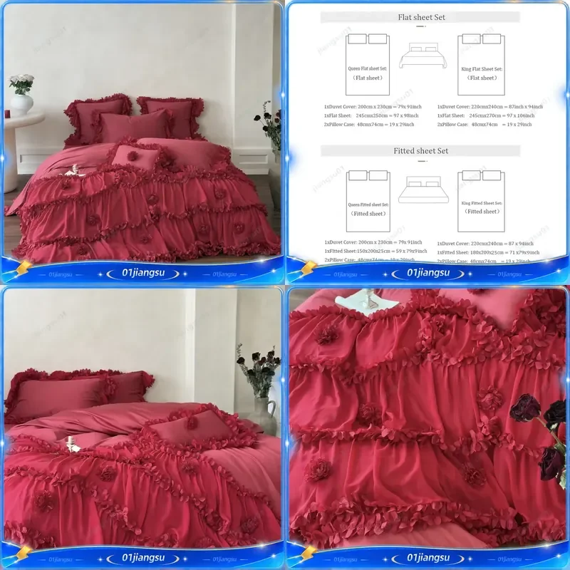 Romantic Lace Ruffles Floral Princess Wedding Bedding Set 1000TC Egyptian Cotton Duvet Cover Flat Fitted Sheet Pillowcases