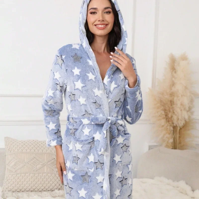 Star Print Hooded Women Bathrobe Double Sided Coral Fleece Warm Winter Home Loungewear Sleepwear