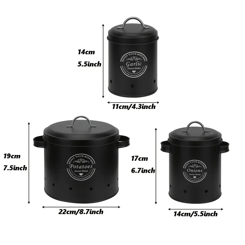 Lot de 3 seaux de conservation en métal pour légumes, adaptés aux pommes de terre, aux oignons, à l'ail, boîte de rangement et d'organisation de cuisine durable, noir