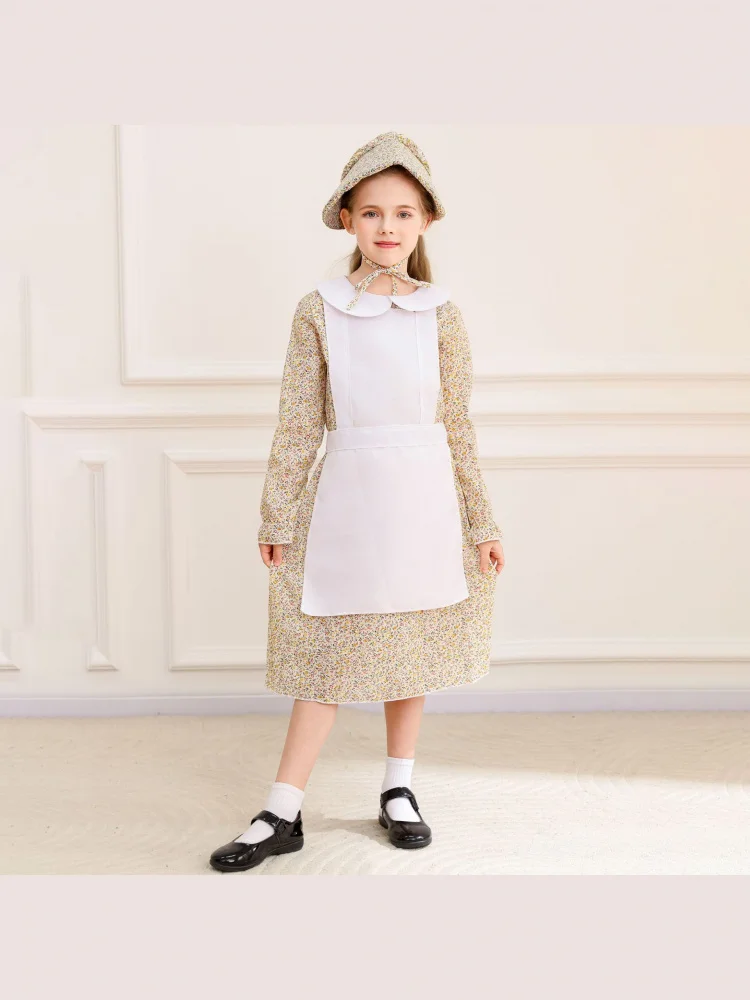 

Детский костюм Доктора с желтым цветочным принтом и фартуком Прерий Колонный костюм на Хэллоуин, одежда для выступлений, полиэстер с высокой талией