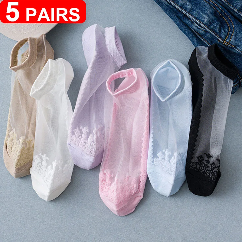 5Pairs Summer Women Silk Socks Ankle Lace Ultra-thin Girls Transparent Glass Fiber Fashion Harajuku Cute Female Short Boat Socks
