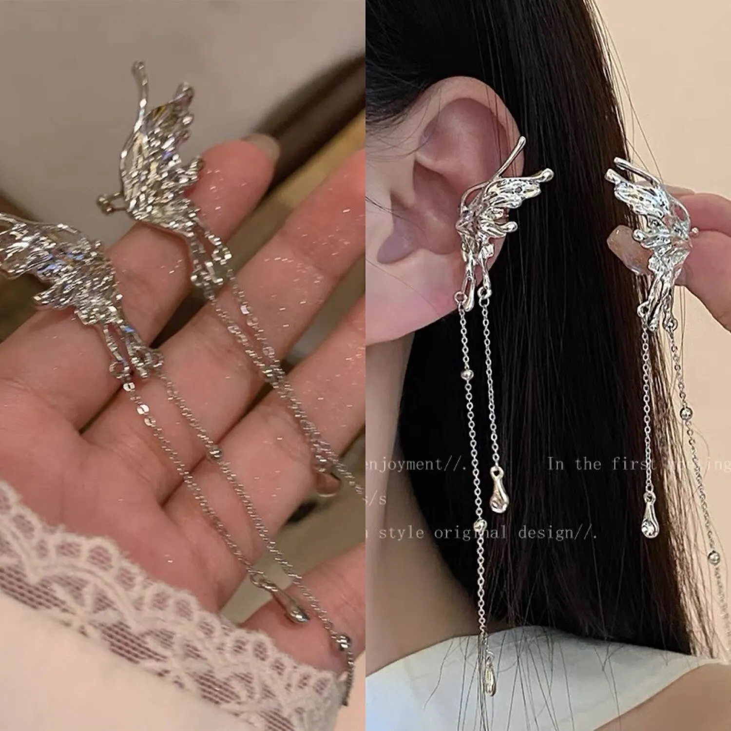 Pendientes de Clip de borla larga de mariposa de elfo elegante para mujer, Wed, nupcial, Retro, Kpop, sin Piercing, Ear Cuff, regalo de joyería, 1 par