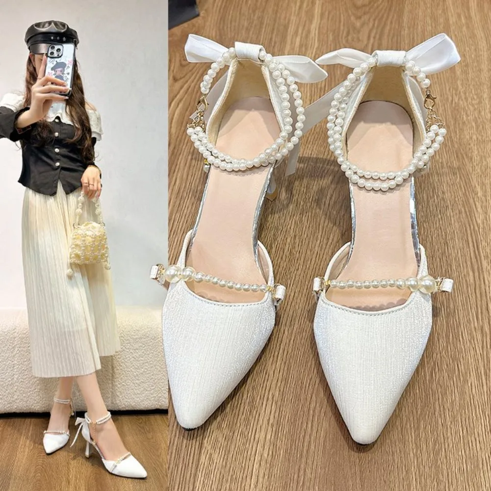 Aliexpress Women's High Heels Summer New Pointed Toe Bow Knot Ribbon Thick Heel Sandals Pearl Chain Crossbody Shoes Luxury Elegant - Aliexpress Deal