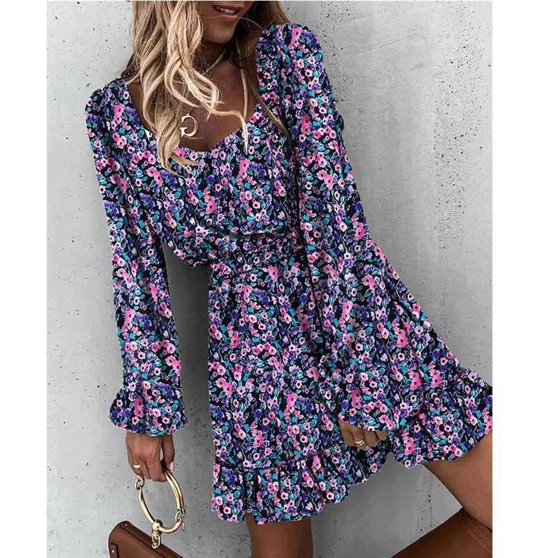 Outono manga longa gola quadrada vestido floral feminino casual plissado a linha vestidos de impressão agradável magro feminino boho mini festa