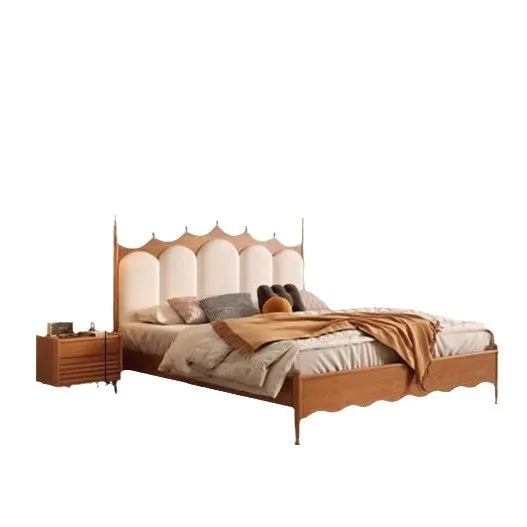 

Cherry wood retro solid wood bed French small apartment soft bag bed