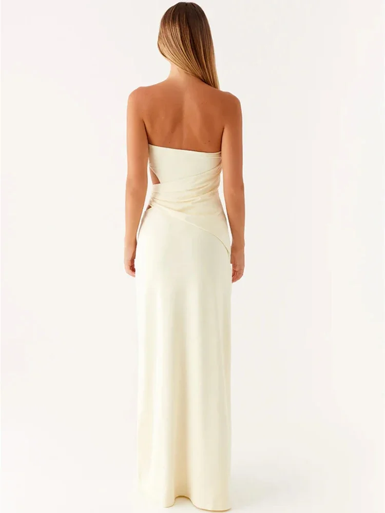 XIAOTANG Hollow Out 오프 숄더 섹시한 맥시 드레스 여성 패션 메탈 플라워 Strapless 민소매 Backless Bodycon Club Dress