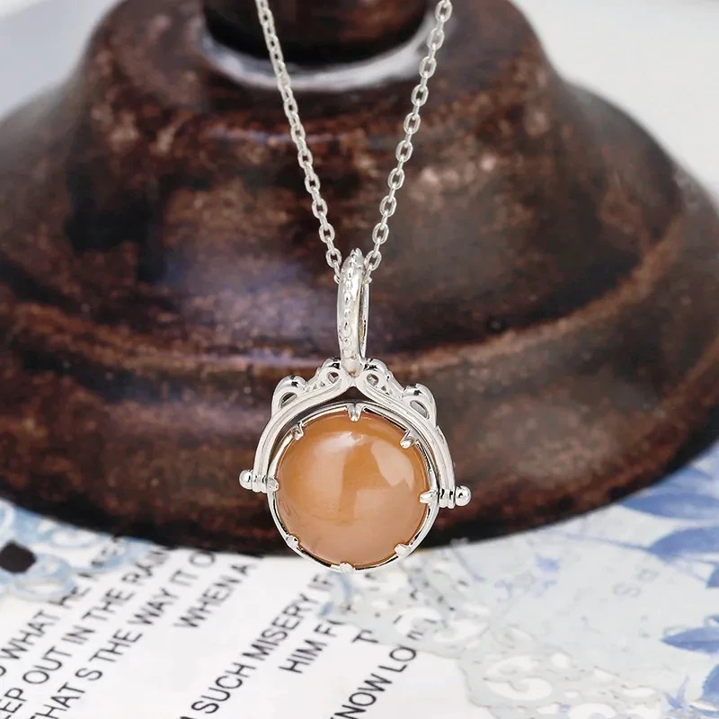 LAMOON Luxury Necklace Women Accessories Natural Gemstone Orange Moonstone Spin Pendant 925 Sterling Silver Plated Chain NI204